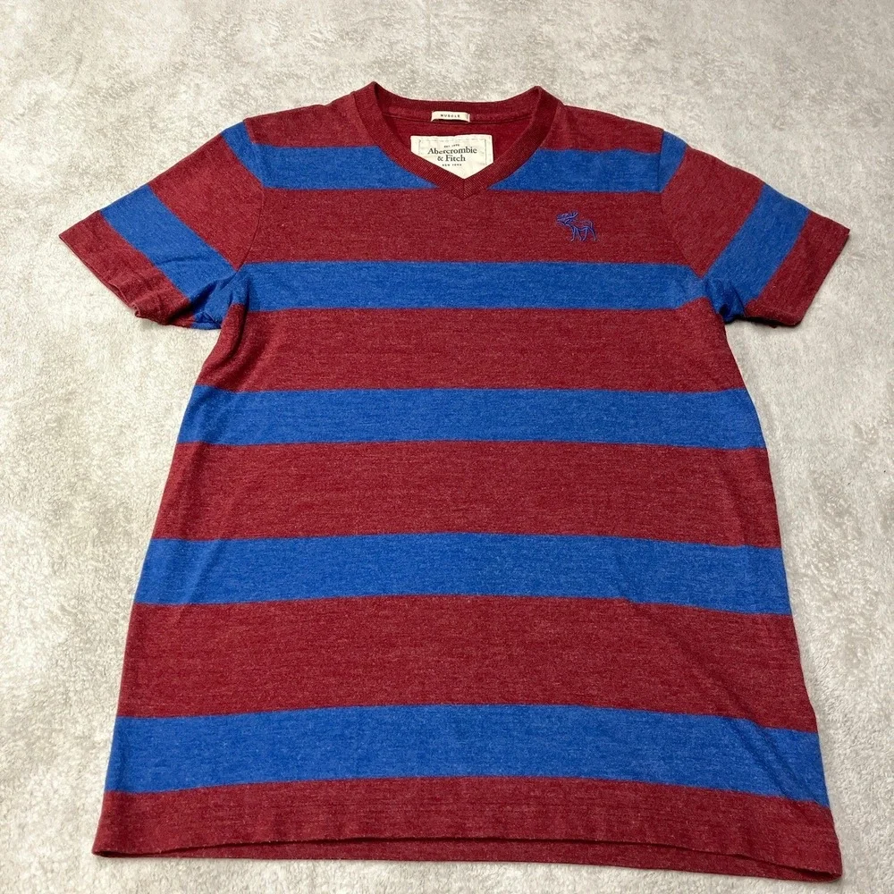 Vintage Y2K Abercrombie & Fitch Muscle Fit T-Shirt V-Neck Striped Logo Mens L
